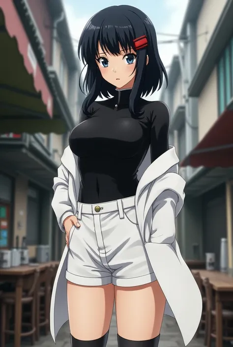 Female anime girl, from the anime series Hunter×Hunter. Ridiculous resolution, high resolution, (masterpiece: 1.4), super detailed, Chest length black hair and uneven ,Black hair with red hair clip on the right clip longer hair  , hair mullet style , shoul...