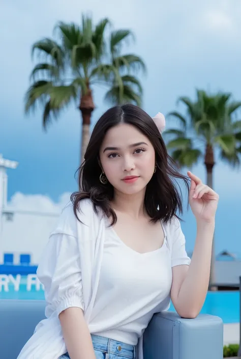 a young Asian woman with long dark brown hair, wearing a white t-shirt and a white short-sleeved blouse, is seated on a blue couch. She is wearing a pair of blue shorts with a white stripe down the side. Her left hand is resting on the armrest of the couch...