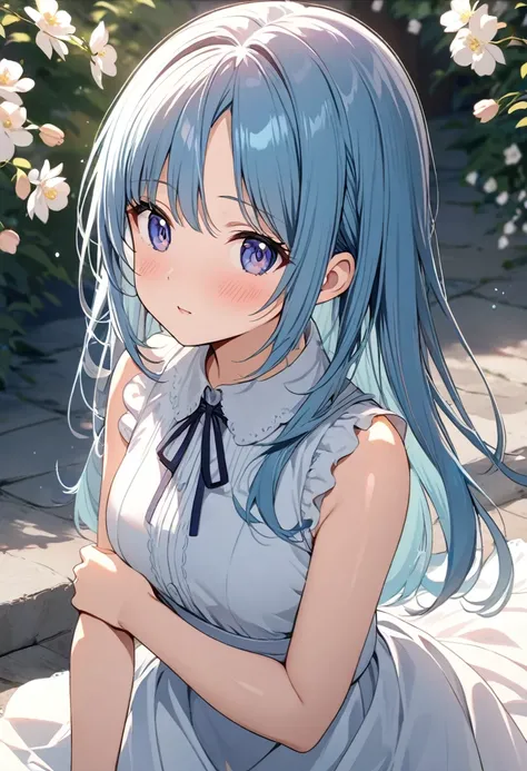 Beautiful anime girl, long bluish hair, straight parted bangs, delicate, sleeveless shirt, shrots, light blush.