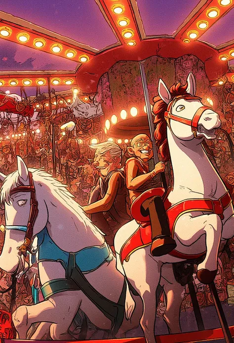 
(masterpiece:1.2,Exceptional Quality,Mirror-like,Cinematic Experience, best illustration :2.0,Super detailed),8k,wallpaper,(amusement park:2.0),( Animated :2.0),(Pixar Studios :2.0),( happy elderly couple riding a merry-go-round with cute horses:2.0),(Cut...