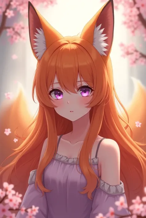 Anime girl with orange fox ears and tail, with long hair, purple eyes