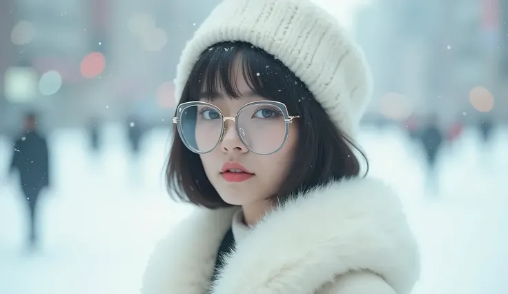  majestic Japanese woman with short bob hair,Music album cover style, fashionable coat, The latest glasses, All white, The background is a city,