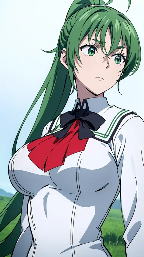 (((Perfect picture))), ( absurd), 1 woman, Alone,  (((Upper body))), cowbow shot, cloesd shot, Green hair, green eyes,  ponytail ,   Big Breasts , quatreview, Sailor , Cleavage,  happy expression and posture,  white skin , green clothes ,  white clothes, k...