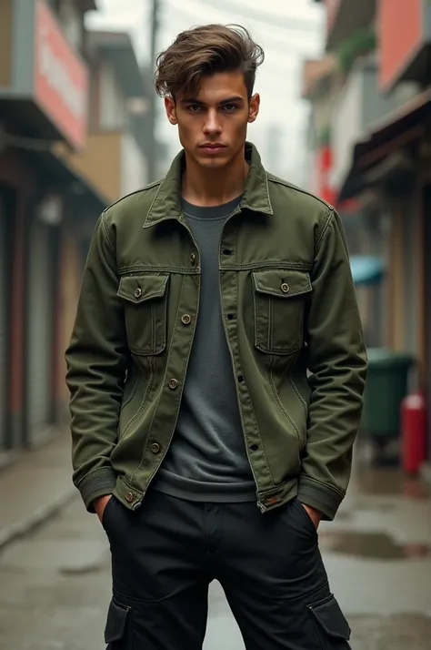 20 year man olive green denim jacket and black cargo pant wear