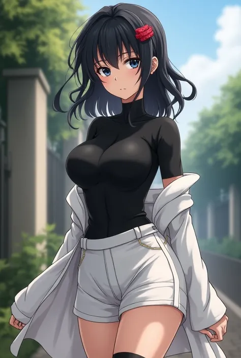 Female anime girl, from the anime series Hunter×Hunter. Ridiculous resolution, high resolution, (masterpiece: 1.4), super detailed, Chest length black hair and uneven ,Black hair with red hair clip on the right clip longer hair  , hair mullet style , shoul...