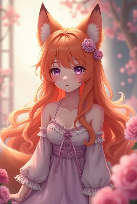 Anime girl with orange fox ears and tail, with long hair, purple eyes