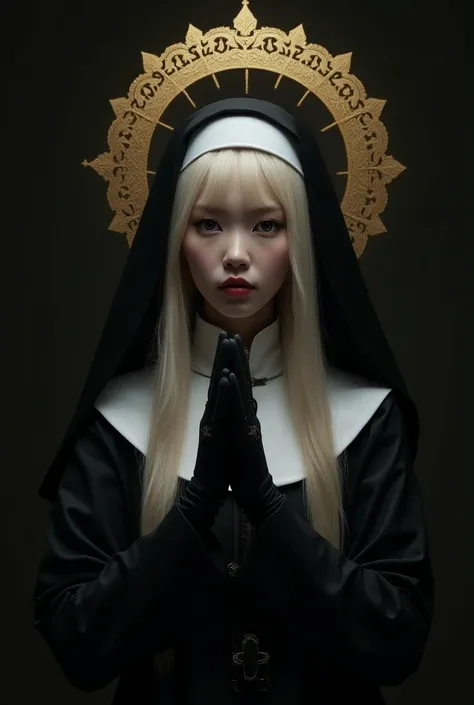 asian girl 18 years, คนจริง,  
a person dressed in a religious or gothic-inspired cosplay. They have long, blonde hair and are wearing a nun-like black and white outfit. The character is adorned with a halo featuring intricate golden details and a serious,...