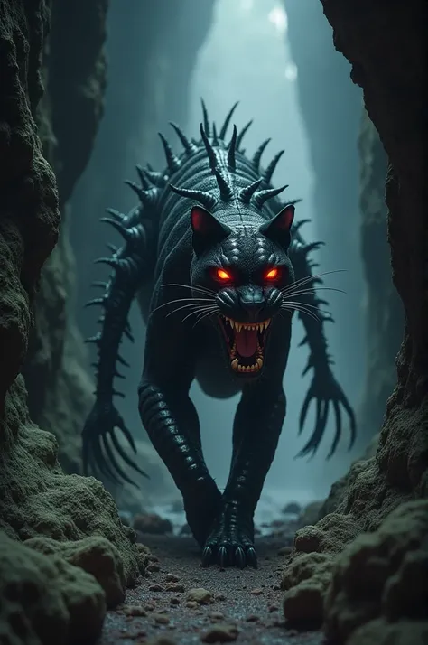 A horrifying hybrid of a panther and centipede slithers through a dark cave, its sleek, black panther body elongated and covered in dozens of centipede-like legs that ripple as it moves. Its glowing red eyes gleam in the darkness, and its jaws are open wid...