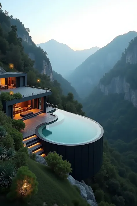 Red hat Carmea stunning, modern luxury house situated on a mountainside, surrounded by lush greenery and dramatic landscapes. The structure is sleek, with clean lines and dark tones, blending harmoniously with the natural environment. A circular infinity p...