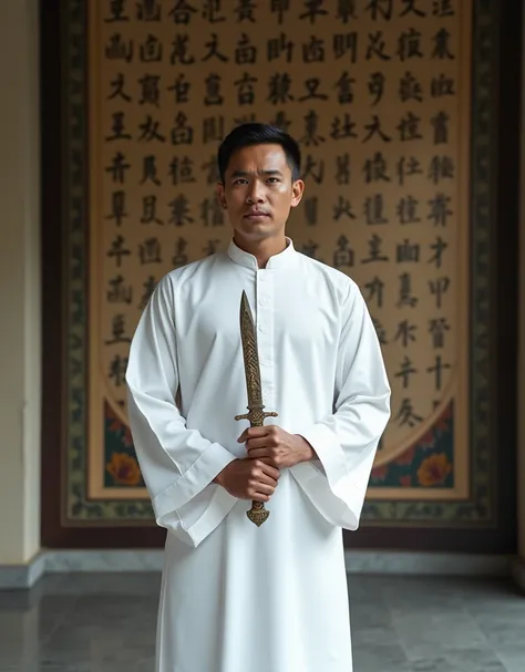  An Indonesian man aged 30 .  Wearing a white gamis .  Standing on the patio . His hand holds the keris .  Behind him is a beautiful calligraphy. Potrait photo .