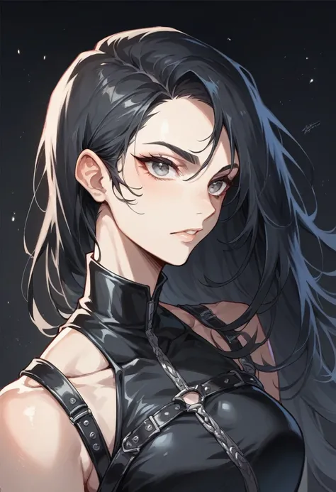  black background , a woman with jet black hair with light gray eyes,her eyes stand out , she wears dark lenses on her head , she is dressed in a black dress with straps ,He is wearing a black leather jacket