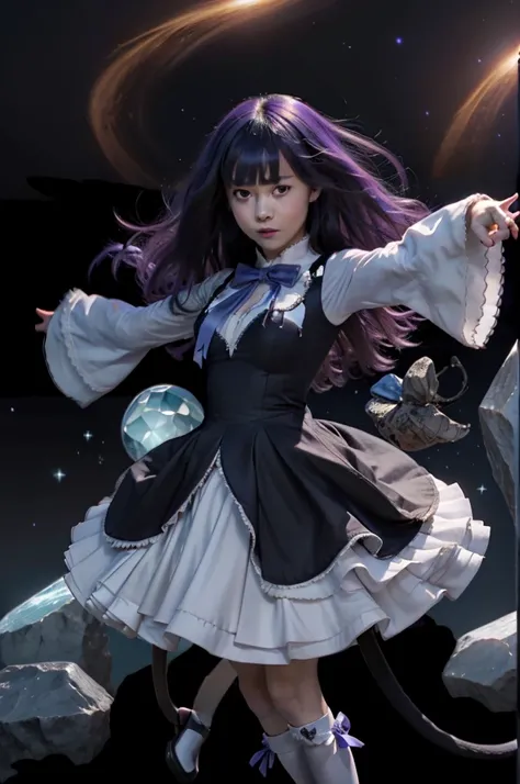 masterpiece,best quality,1girl,frederica bernkastel,purple hair,cat tail,tail bow,purple eyes,tail ornament,dress,bowtie,socks,expressionless,outstretched arms,outer space,surrounded by  floating crystal,cowboy shot,