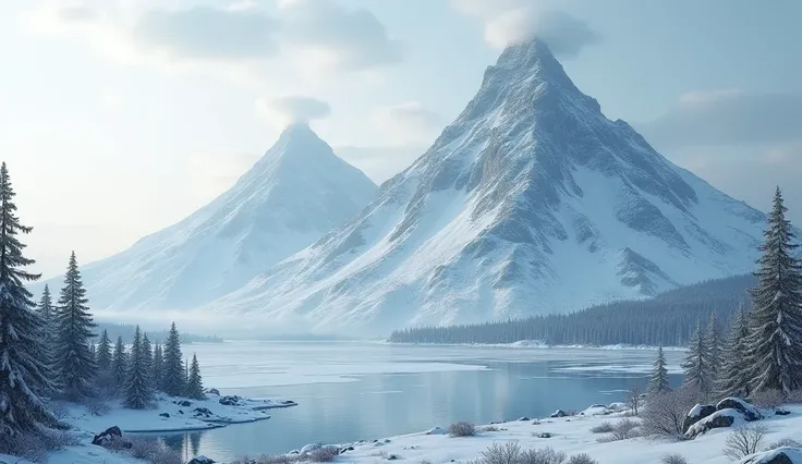 landscape volcano twin frozen, in a forests tundra, facing a frozen lake