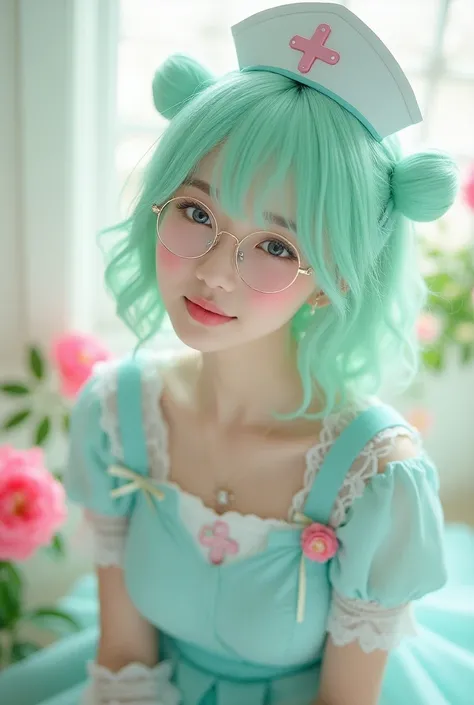 asian girl 18 years, คนจริง,  
a person dressed in a light blue cosplay outfit, with pastel green hair styled in loose waves. The character is wearing a nurse-like cap with a cross symbol and has a playful, fantasy-themed design. They are wearing round gla...