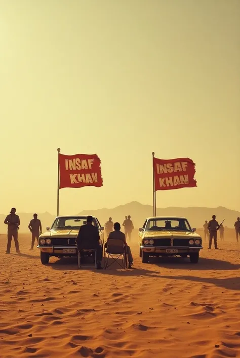 There are two cars standing in a desert. There are two flags on top of the cars. The name of insaf khan is written on the flags. The name of insaf khan is written in front of both the cars.Two people are sitting on chairs in front of the car and ten people...