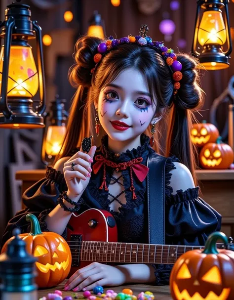  A young girl with an electric guitar ， On a dimly lit Halloween night ，Sitting in a cafe drinking coffee， The streets are full of energy ， The whole scene presents a magical Halloween scene ， The whole scene has a fantastic atmosphere ，Photo photography s...