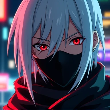 Create an image of an anime-style male character. He has one red eye and a scar that runs across his eyebrow and over his eye..  hes wearing a mask that covers his mouth and leaves only his eyes visible. Her hair is long and straight in a white color, and ...