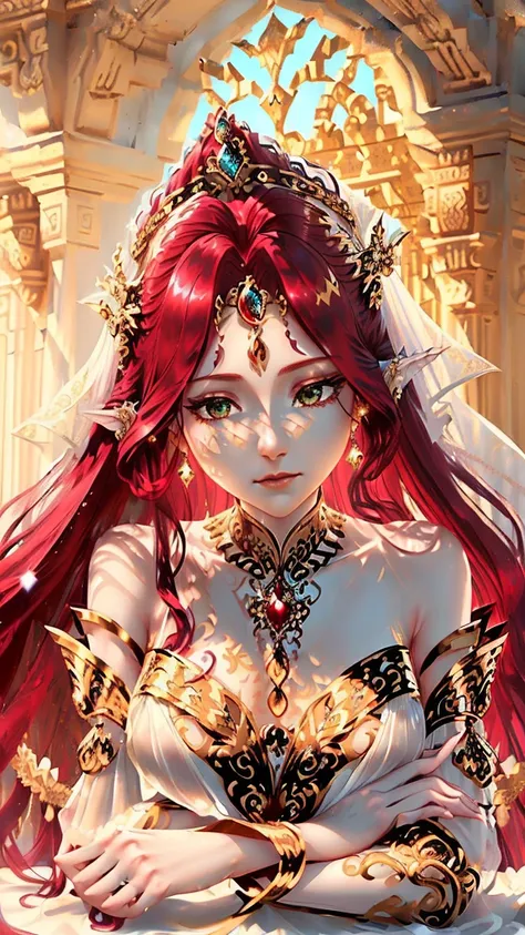 ((Elegant fantasy princess:1.3) with ((flowing crimson hair:1.2) adorned with (delicate golden ornaments:1.1)), ((noble facial features:1.2), (gentle emerald eyes:1.1), (serene expression:1.1)) BREAK ((ornate white and gold dress:1.2) with (flowing magical...