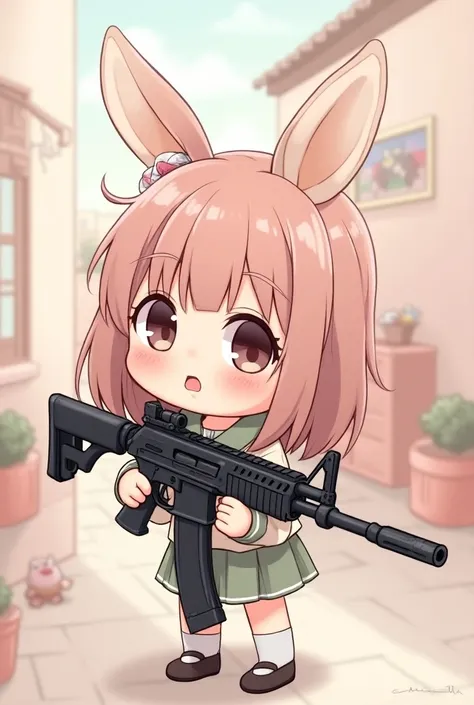 (masterpiece,   cute assault rifle in your hands, Kindergarteners ,      the slightly longer half twin in your hand  ,  pinkish brown hair , Big Eyes,   , (      upper body     ),       upper body,Korean Style,Illustrated style、bunny ears
