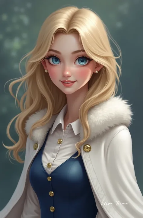 A girl with bright blue eyes , blonde and long hair, beautiful,  friendly smile , kind, happy; She wears a closed navy blue vest over a white puff-sleeved shirt,  and over her shoulders a thick, white cape with fur around her collar . 