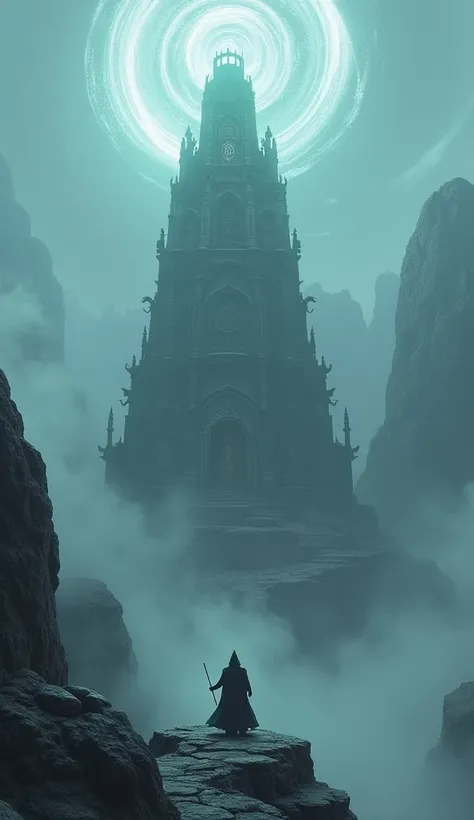  An ancient wizard tower that rises on top of a mountain shrouded in fog {x}。 Pale white light swirls at the top of the tower 、 has a mysterious magical aura 。  There are lots of huge floating rocks around the tower 、 The hooded wizard holds a wand 、 float...