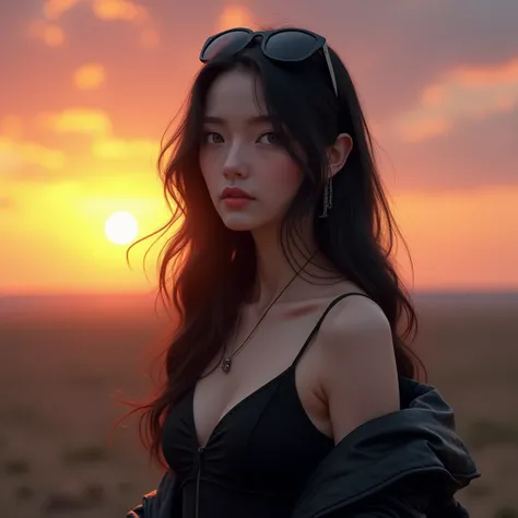 Background a sunrise , a woman with long jet-black hair with light gray eyes,beautiful,her eyes stand out , she wears dark lenses on her head , she is dressed in a black dress with straps ,He is wearing a black leather jacket