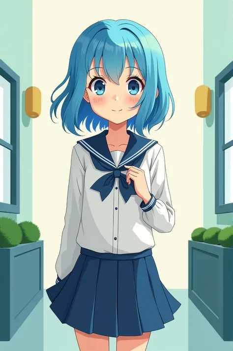  blue hair ，Wearing school uniform，Second Dimension，Girl