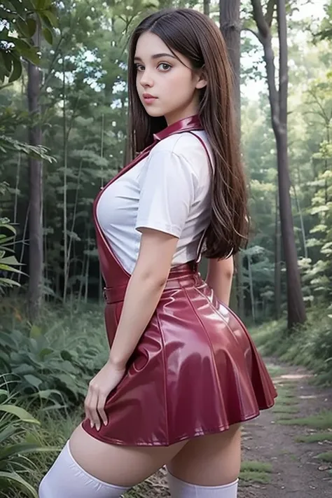 side angle on cute teen beautiful curvy schoolgirl ,  beautiful cute teen face , red leather skater pinafore  ,  silk red tie, t...