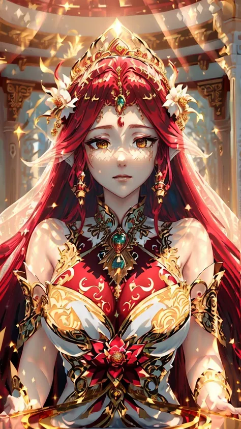 ((Elegant fantasy princess:1.3) with ((flowing crimson hair:1.2) adorned with (delicate golden ornaments:1.1)), ((noble facial features:1.2), (gentle emerald eyes:1.1), (serene expression:1.1)) BREAK ((ornate white and gold dress:1.2) with (flowing magical...