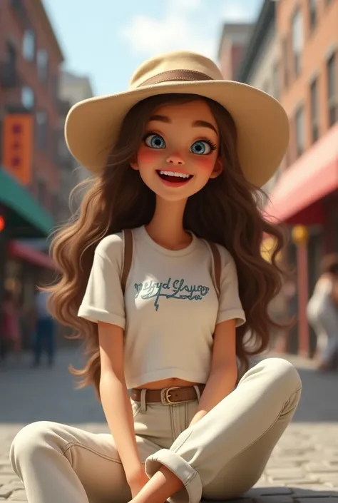  blue-eyed 、、 has brown hair super cute
A  girl、 wearing a baptized costume 。
Ralph Laurens Ron T 、 ivory-colored jeans 、sneakers、 Im wearing a Ralph Lauren hat 。Image quality 、 3D animation high definition 、Real Image。 Im in New York 。Consciously 、Sit dow...