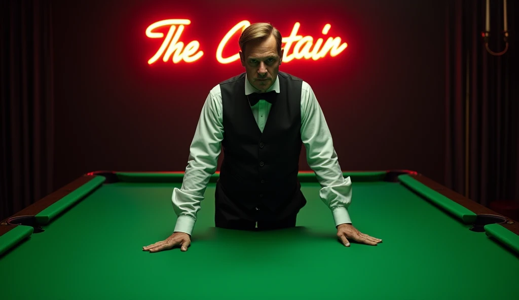 photo, short in height middle aged man, black waistcoat, long sleeves, bow tie, brown hair, staring, standing on top of a large green billiard table, close up, dark room, neon sign The Captain 