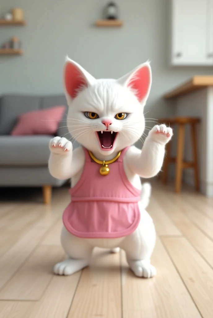 A white cat with pink ears and a pink apron is standing on a light wooden floor and yelling. The cat has a mean look on its face with its mouth wide open and its eyes narrowed. The cat has a gold collar around its neck with a bell. The cats front paws are ...