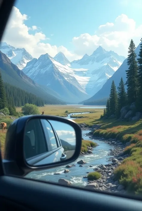 Create image from side of car side mirror to show the snow mountains rivers and animals show at 0.6x away at beautiful site show from side of car side mirror