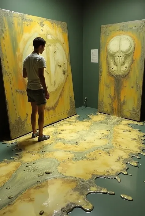 A floor with large paintings full of vomit