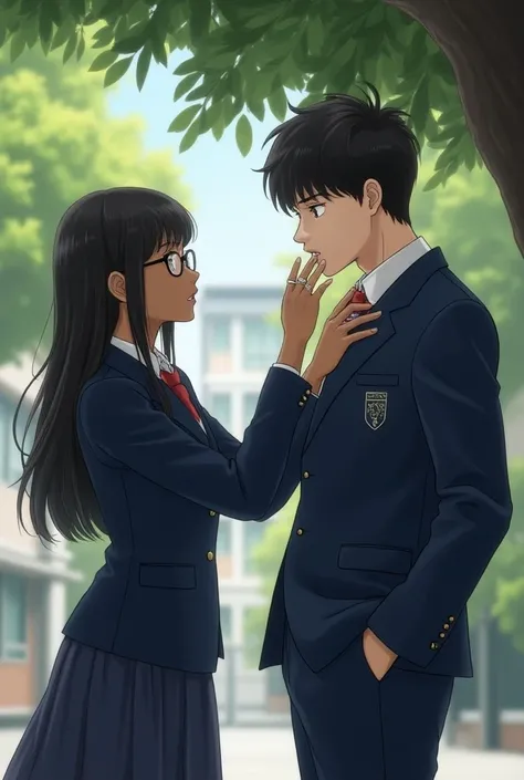 
A realistic outdoor scene under a tree on a school campus. A young woman with medium brown skin, long and brown dark hair, 1.68 meters tall, wearing an elegant navy blue school uniform and glasses, places her hand over the mouth of a taller young man. The...