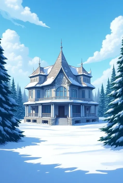 A large, luxurious villa, the main color is blue, the landscape is winter, this villa is decorated with snowflake motifs. anime