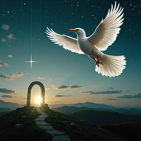 arafed white Onde flying in the sky with a star in the background, digital art by Paul Bird, trends on pixabay, digital art, Ophanim has bird wings, holy spirit, white Onde, majestic big Onde wings, Ondes flying into the portal, Ondes, profile photo 1024px...