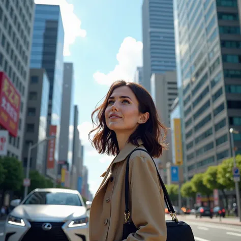 woman, 24 years old, with black handbag, beige jacket, brown hair, shoulder-length hair, wavy hair, smiling, looking up at skyscrapers, in the background f sport Lexus ES 300h, tokyo, tokyo city, japan, photo realistic, very realistic