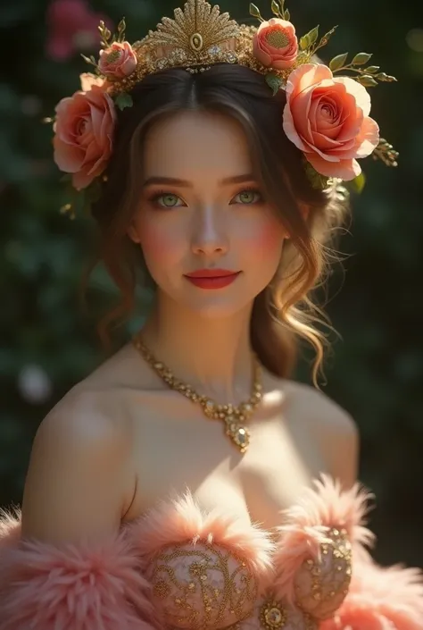 Young Goddess, detailed portrait,  I focused full body,  flower costume , Renaissance era,  red lips, pink fur, green eyes, pale skin, radiant smile , elegant, High quality, 8K, detailed, photorealistic, attractive, elegant, intricate,   dramatic lighting ...