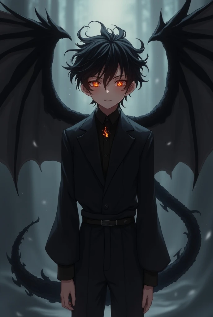 Handsome anime boy with wings ,  tail and eyes of a black fire dragon.