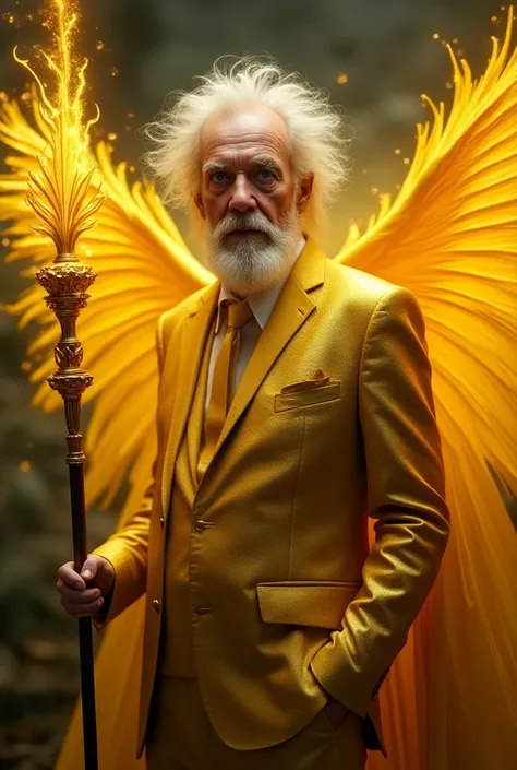 An old white-eyed man with blue eyes has a gold-colored suit and has bright yellow wings, yellow hair and a yellow staff, and has a yellow cape. 