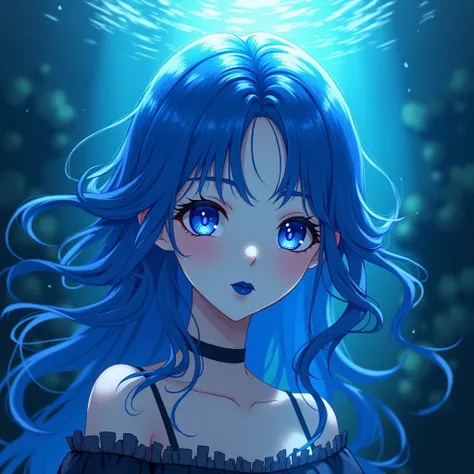 Make a logo of a pale goth asian waifu,
High Resolution, Best Quality, Detail, HD, High Details, High Quality, Quality, Super Detailed, UHD, Long Hair, royal Blue hair, Blue eyes, blue lipstick, underwater background, anime, 