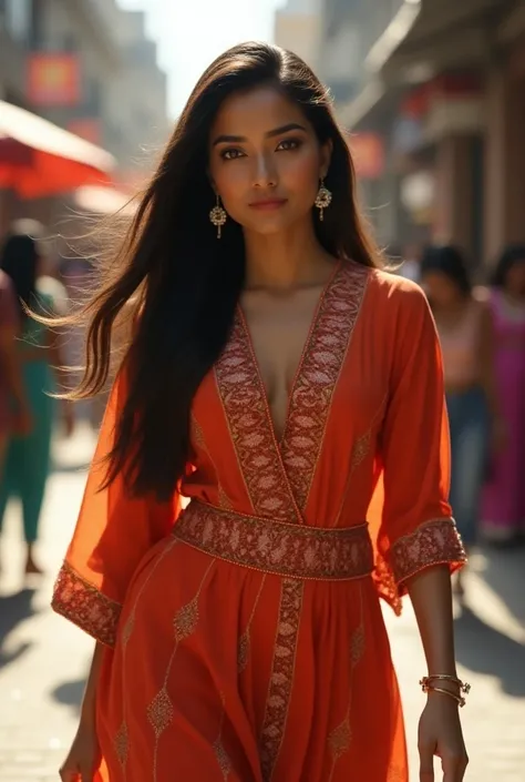 a beautiful indian woman, wearing traditional kurti, tight kurti, hair waving ultra 8k with beautiful face, (best quality,4k,8k,highres,masterpiece:1.2),ultra-detailed,(realistic,photorealistic,photo-realistic:1.37),HDR,UHD,studio lighting,ultra-fine,sharp...