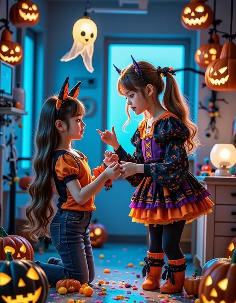 (long shot), (panorama), wide angle lens, A girl in Halloween costume examining a patient in a hospital ward,soft lighting filtering through the windows. A cute ghost floating in the air,rich details,full of vitality