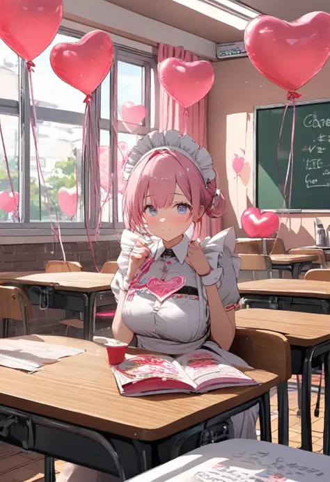 background,classroom,Cultural Festival,Maid Cafe,lots of pink and white heart balloons, blackboard