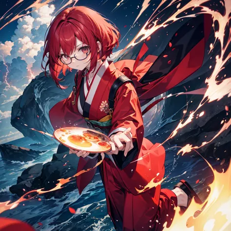 Red Hair、Round Glasses、Long-sleeved kimono、 forward descending short bob、Lightning in the right hand, fire in the left hand
skirt pants