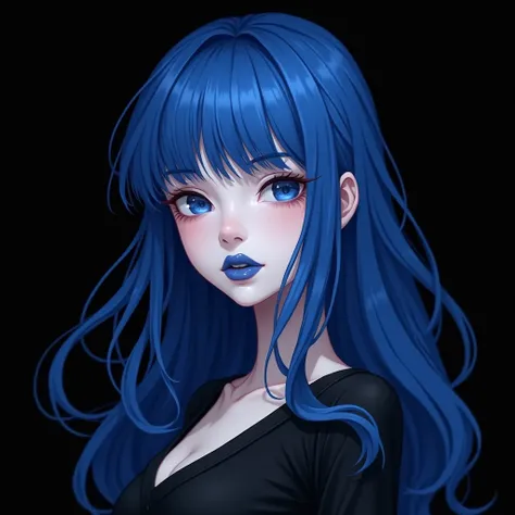 Make a logo of a pale goth asian waifu,
High Resolution, Best Quality, Detail, HD, High Details, High Quality, Quality, Super Detailed, UHD, Long Hair, royal Blue hair, Blue eyes, blue lipstick, black background, anime, wearing no clothes