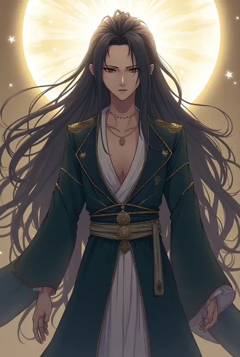 Anime God of Light ,  with long black hair, dark eyes 