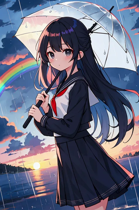 holding umbrella with blue sky pattern, one girl, black straight long hair, black eyes, sailor suit, white skirt, rain, sunset reflection, rainbow, top angle, best quality, masterpiece, high resolution, 8K