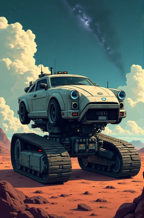 (Disgusting Vector image:1.3) of (Technical illustration:1.3) car robot, motor vehicle, military vehicle, tank, military, caterpillar tracks, dalle, science fiction, glowing, vehicle focus, non-humanoid robot, clouds, nebula, mars, starry sky, stars,,(Flat...